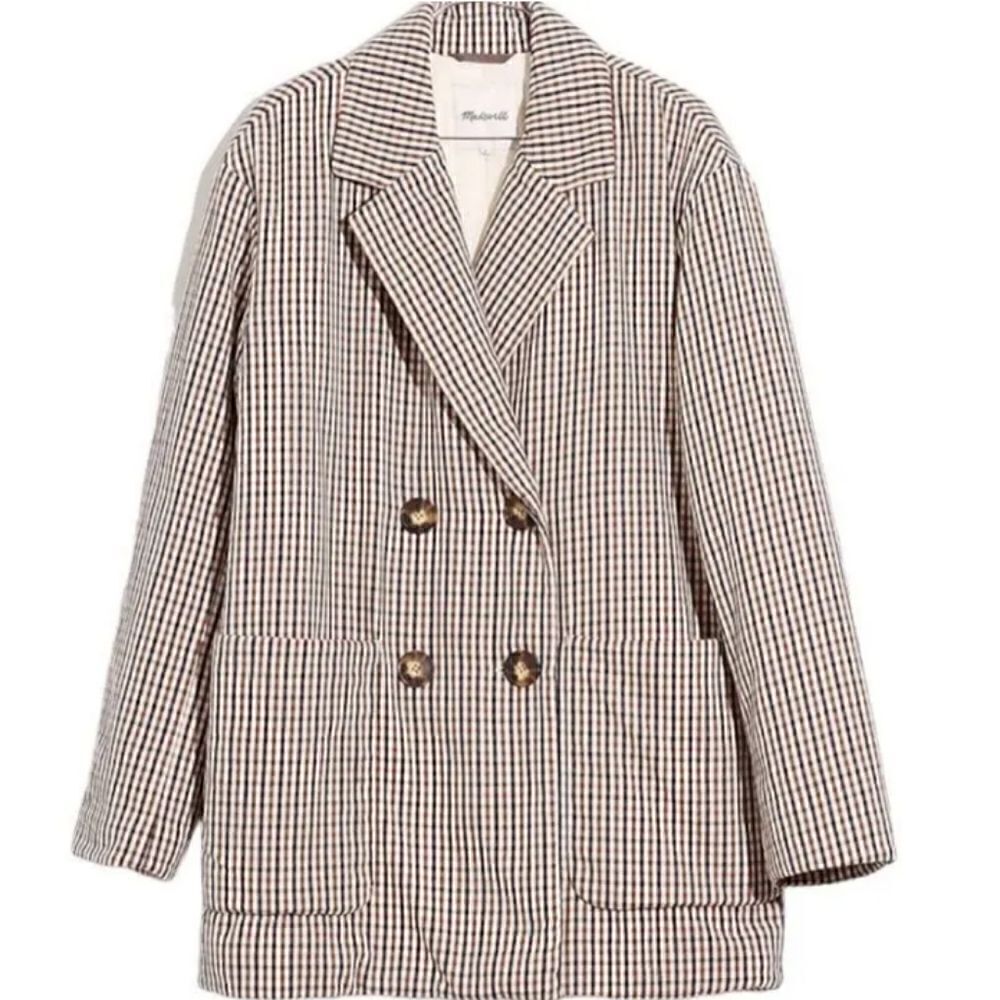 Madewell Padded Jacket in Plaid Size L New Double-Breasted Cream Multi Checked